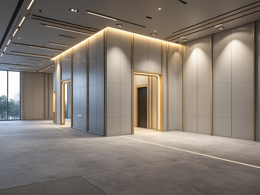 Modern empty commercial interior with gray wall panels, warm LED lighting, doorways, and large floor-to-ceiling windows