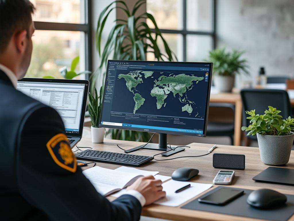 Office with a person in uniform at a desk, working on two computer monitors displaying a world map and documents, surrounded by green plants.