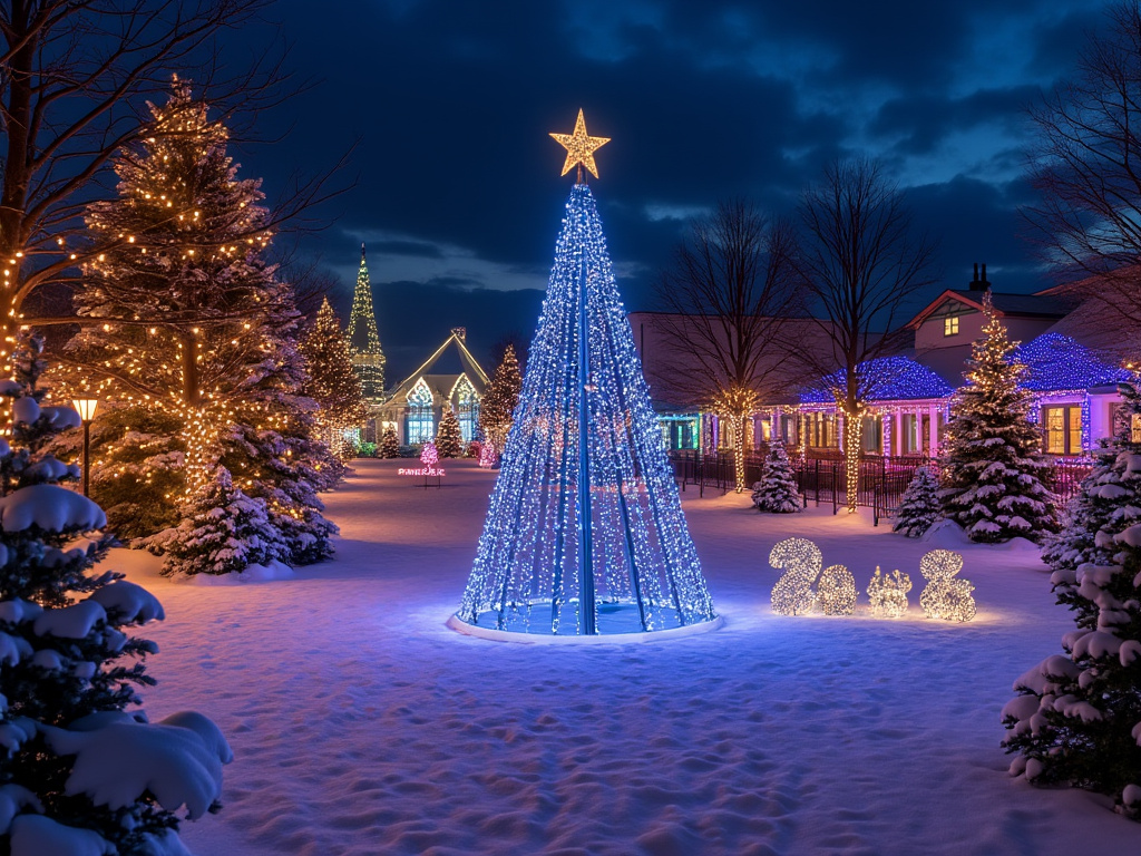 Festive winter scene with illuminated Christmas trees, glowing decorations, and a snowy landscape at night.
