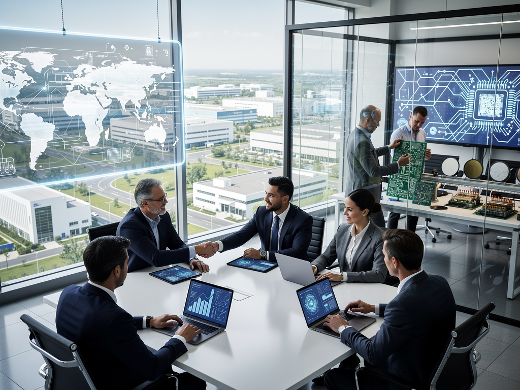 Business executives shaking hands in high-tech conference room with digital world map, circuit displays, and electronics engineers