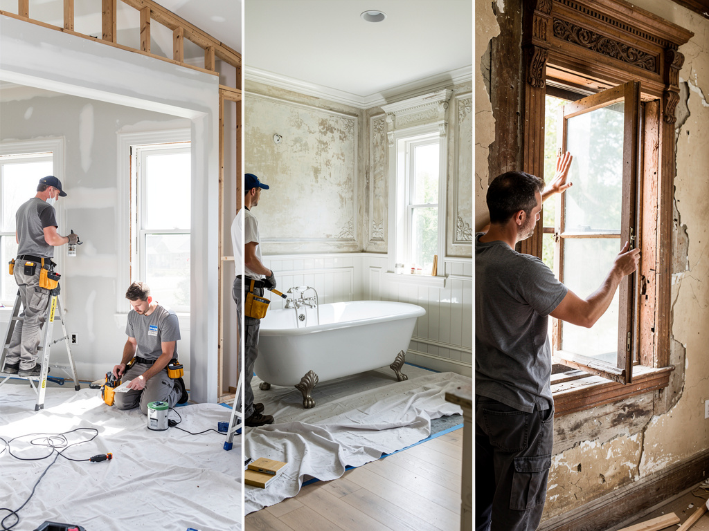 Home renovation contractors installing drywall, restoring bathroom, and repairing old wooden window