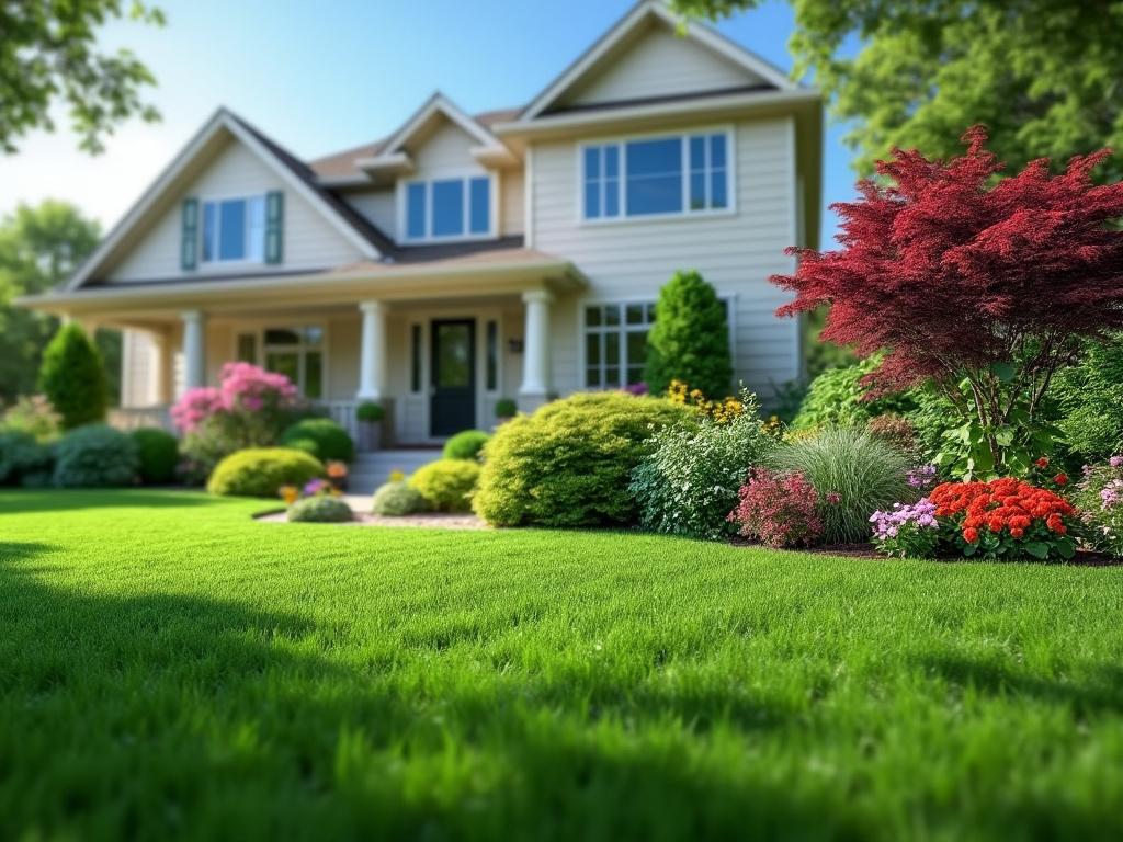 Beautiful suburban home with lush green lawn, colorful flower garden, and mature trees under a clear blue sky.