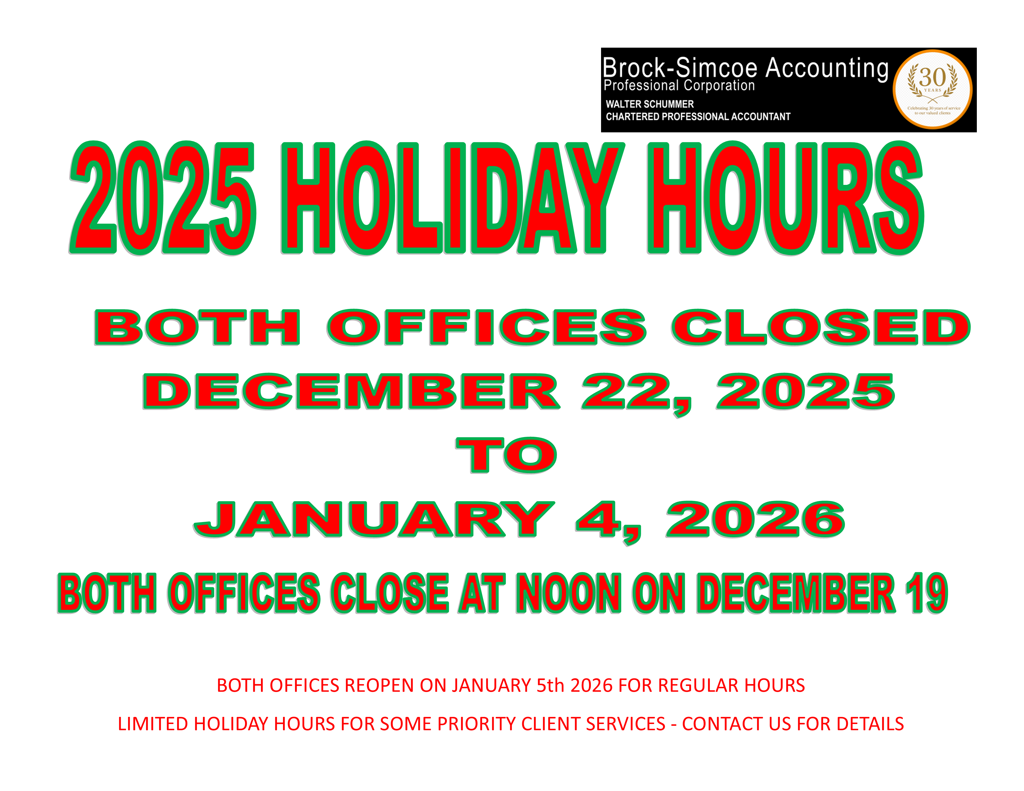 2025 HOLIDAY HOURS