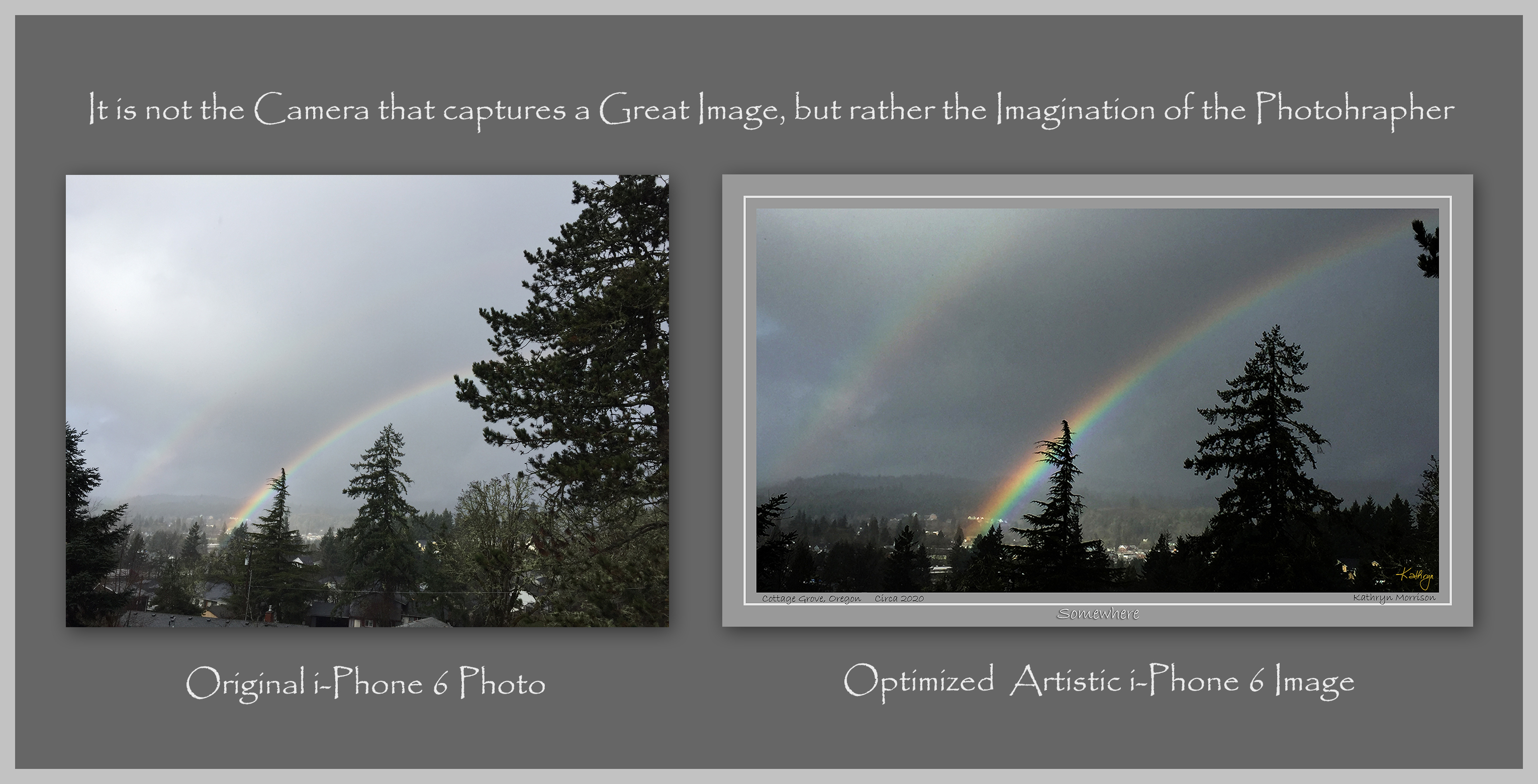 Left >> Original i-Phone 6 Photo.  Image aspect size ratio 3x4 inches (cm) at 72 dpi.
Right >> Optimized Image with enhanced Color Vibrance with Cropping to Emphasize Art while eliminating distractions.  New aspect ratio 9x16 at 300 dpi.
Comment >> The Final Digital Image can be printed on Metal Media with the Border Printed as part of the image.  No expensive frame is required to display.
We can transform your images into spectacular Photographic Art for your Home, Business, and even to send to Family & Friends.