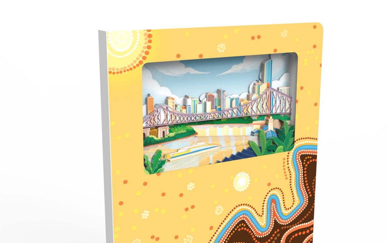 Colorful notebook cover featuring a city skyline and bridge illustration with abstract decorative patterns.