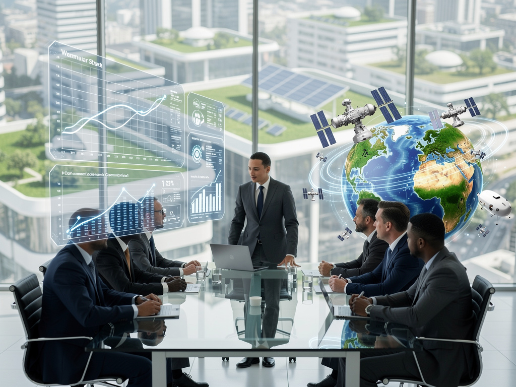 Business executives in a futuristic boardroom reviewing global data analytics, satellite technology, and smart city sustainability dashboards Business executives in a futuristic boardroom reviewing global data analytics, satellite technology, and smart city sustainability dashboards