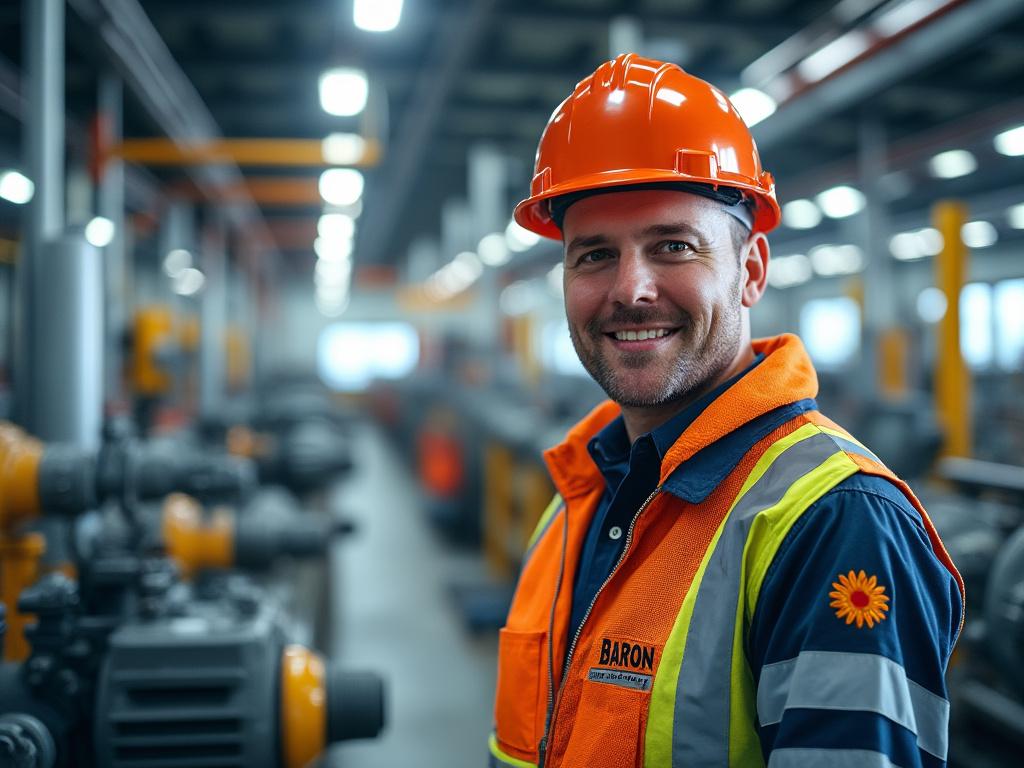 Smiling worker in orange hard hat and safety vest standing in an industrial factory setting. Smiling worker in orange hard hat and safety vest standing in an industrial factory setting.
