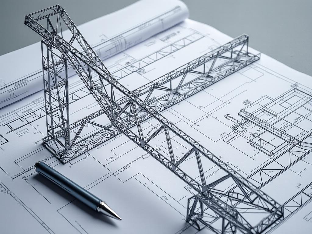 Architectural model of a steel truss bridge structure placed on technical blueprint drawings with a silver pen. Architectural model of a steel truss bridge structure placed on technical blueprint drawings with a silver pen.