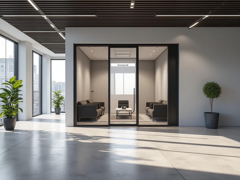 Moderna sala de reuniones con muebles grises y plantas decorativas, iluminada por amplios ventanales.