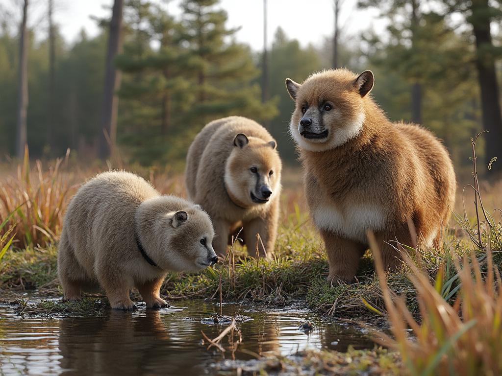 Three fluffy, bear-like animals resembling dogs standing by a pond in a forested area, surrounded by tall grass and trees.