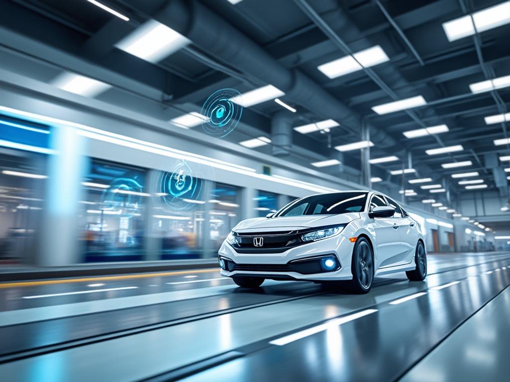 Carro branco em movimento dentro de uma garagem moderna com hologramas tecnológicos ao redor.