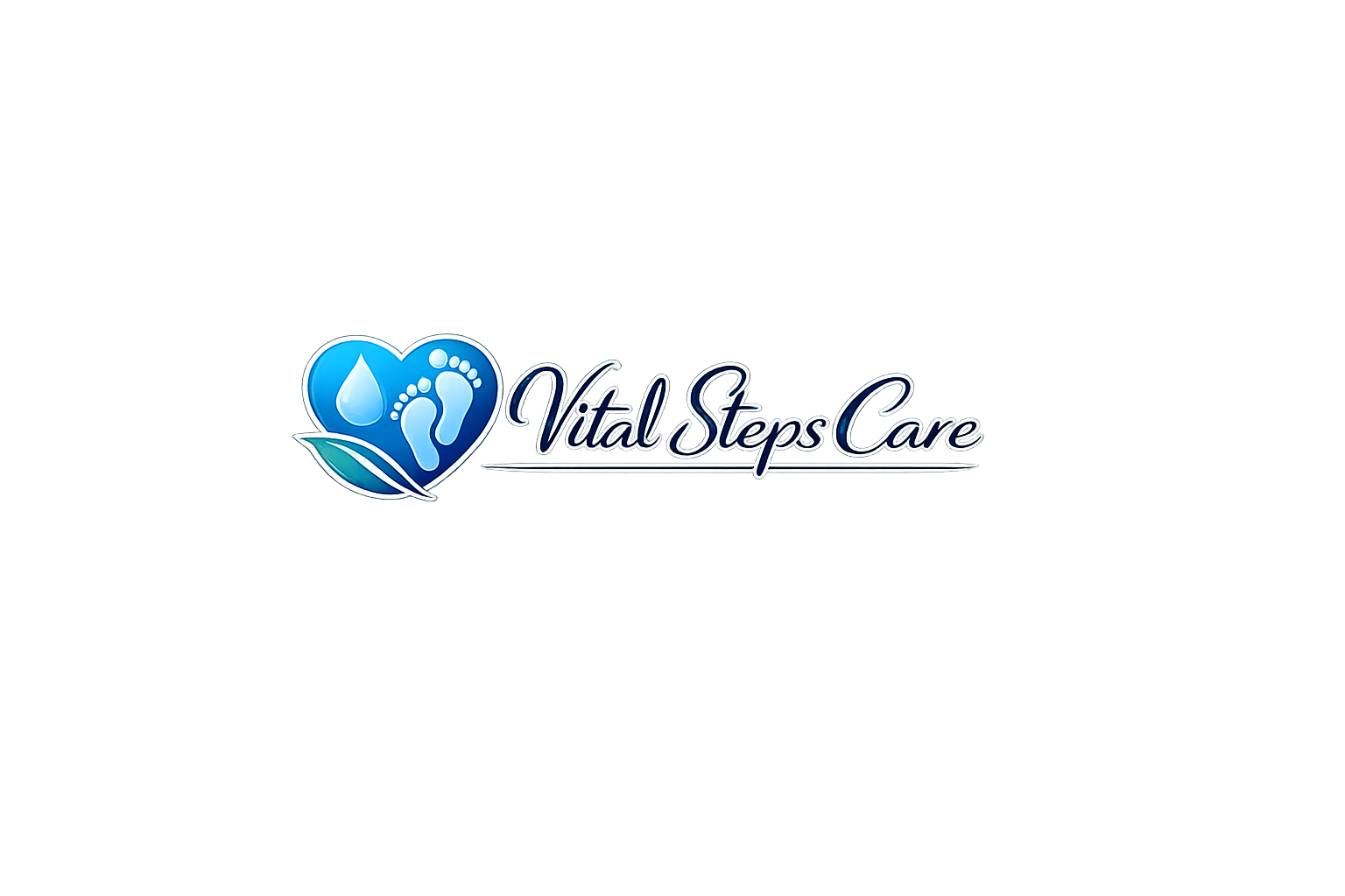 Logo of Vital Steps Care featuring a blue heart with a water droplet and footprints.