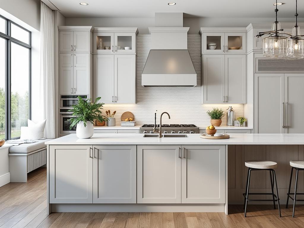 Modern kitchen with white cabinetry, center island, decorative plants, and bar stools, featuring a large window with curtain.
