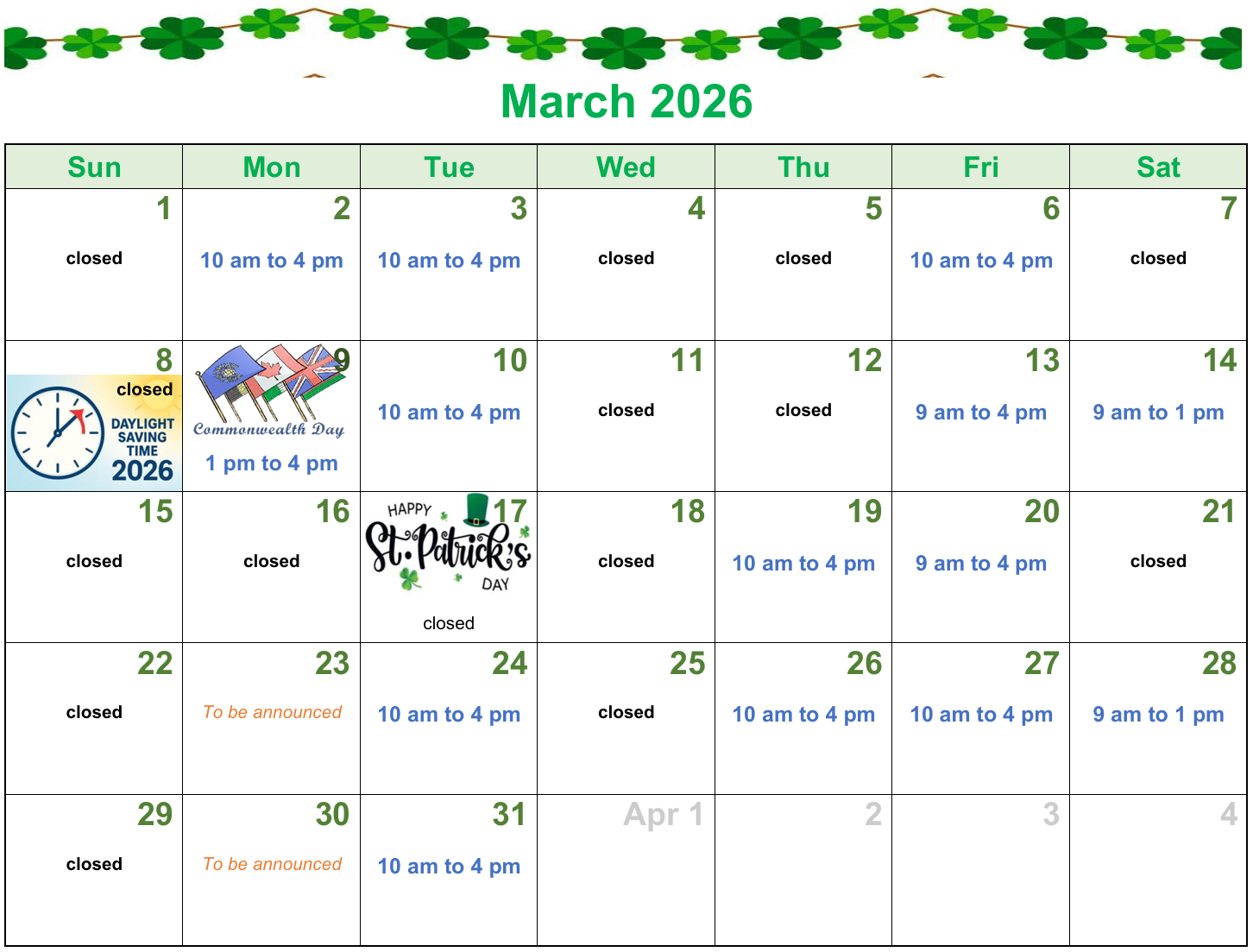 Clinic hours for this month