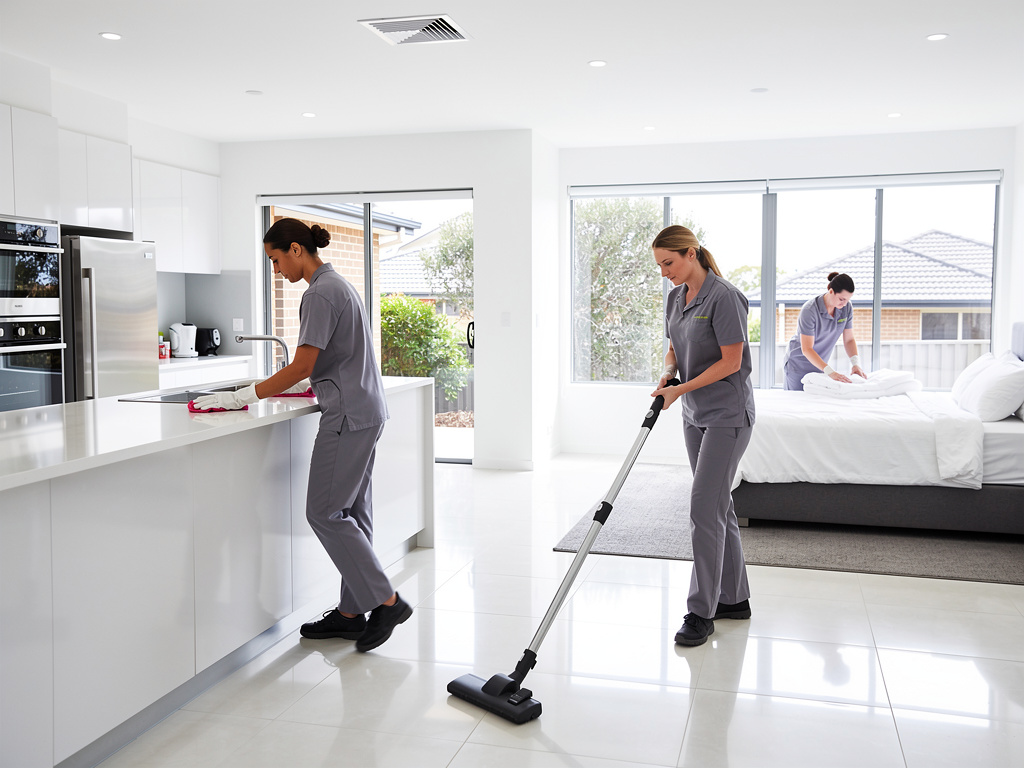Professional cleaners vacuuming, wiping kitchen counters, and making a bed in a bright modern home