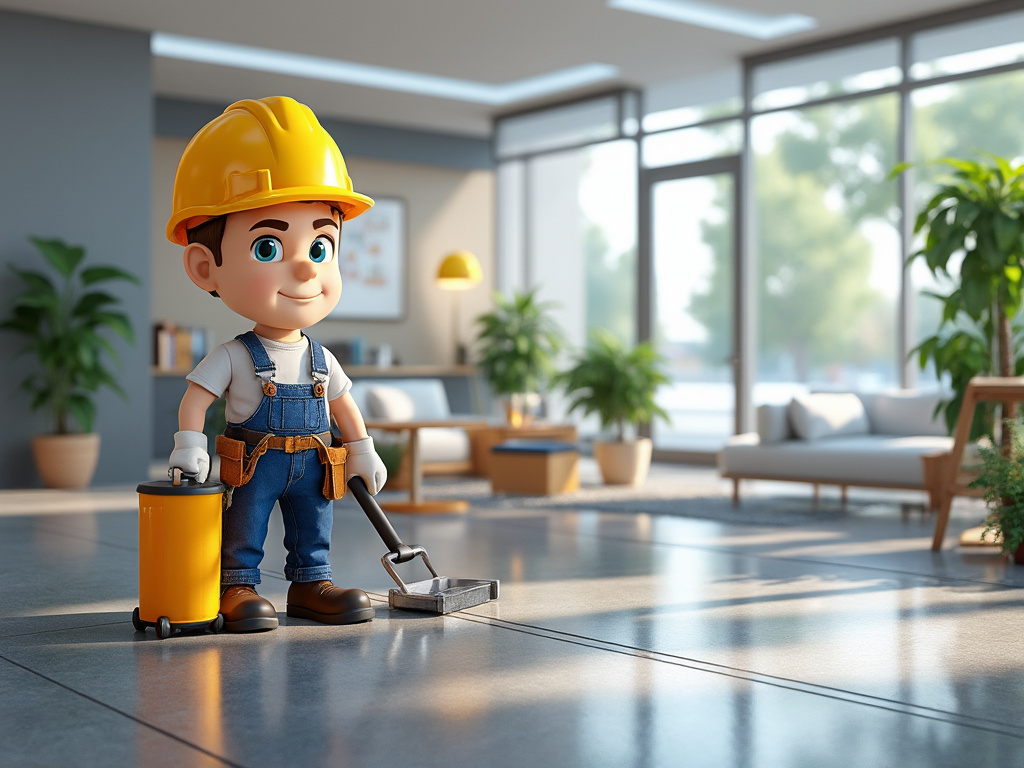 Animated character in construction gear cleaning a modern living room with large windows and indoor plants. Animated character in construction gear cleaning a modern living room with large windows and indoor plants.