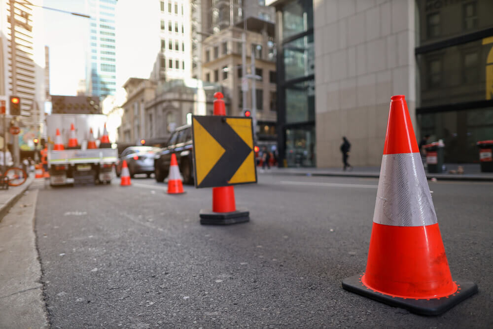 Traffic cones are placed on a downtown street