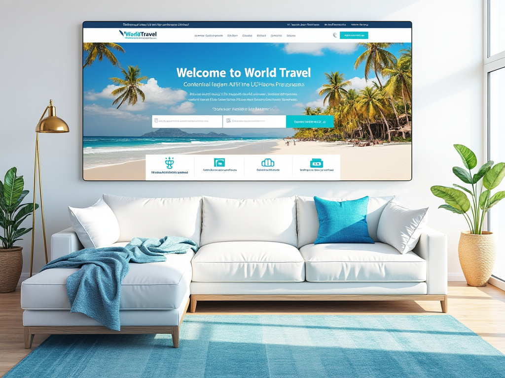 Modernes Wohnzimmer mit weißem Sofa, blauen Kissen, Pflanzen und großem Bildschirm, der eine tropische Strandszene zeigt.