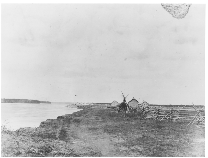 Looking down the Peace River (now river road)  June 11, 1892. 
This is the Oldest picture we have of Fort Vermilion.

2005.42.49.109 / Heritage Committee FVAS