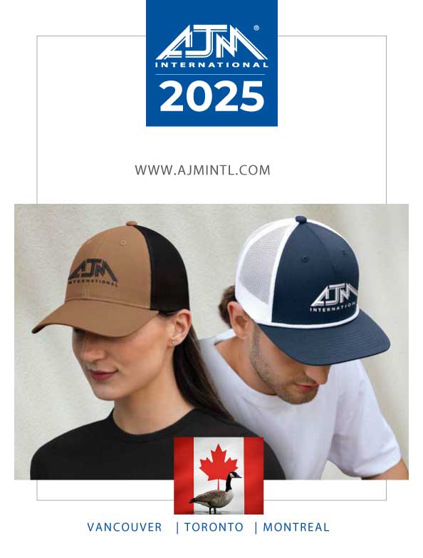 AJM International 2025 promotional image featuring a woman and a man wearing branded baseball caps, with a Canadian flag emblem and city names Vancouver, Toronto, Montreal.