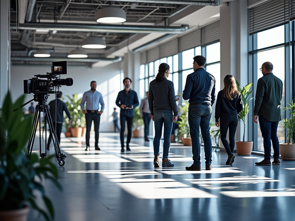 A modern office setting with a professional video camera on a tripod and people walking by large windows, surrounded by potted plants.