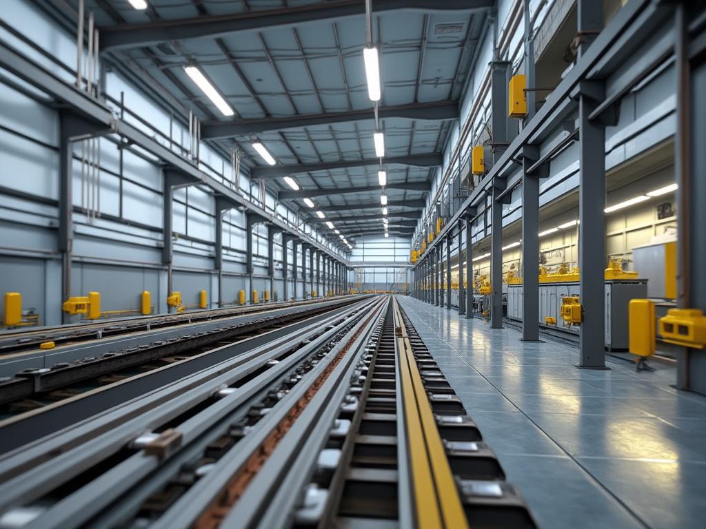 Interior of a modern industrial railway workshop with metal tracks and overhead lighting. Interior of a modern industrial railway workshop with metal tracks and overhead lighting.