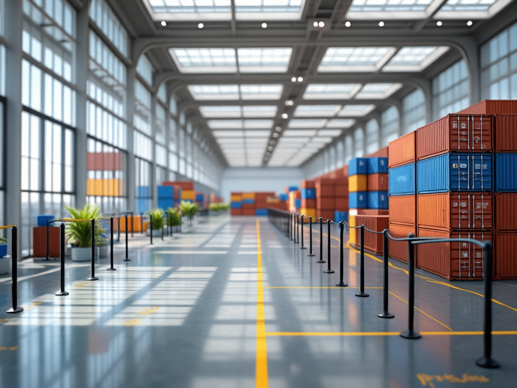 Modern warehouse interior with large windows, organized rows of colorful shipping containers, and green plants.