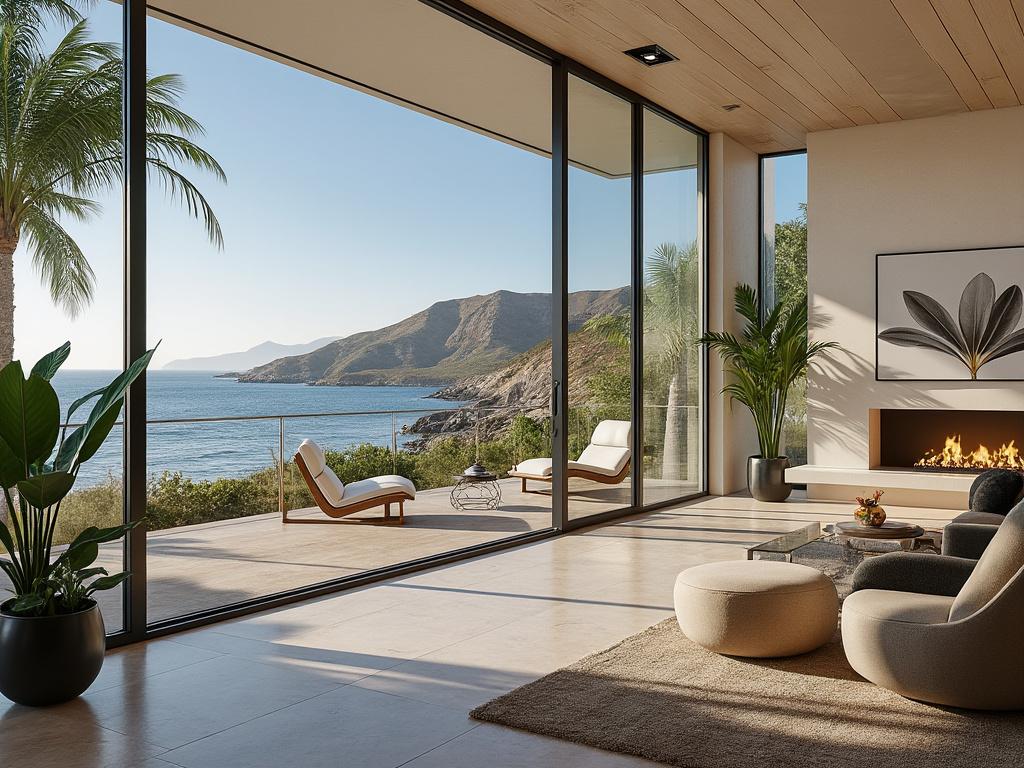 Modern living room with large glass doors overlooking a scenic ocean view, featuring cozy seating and a fireplace.