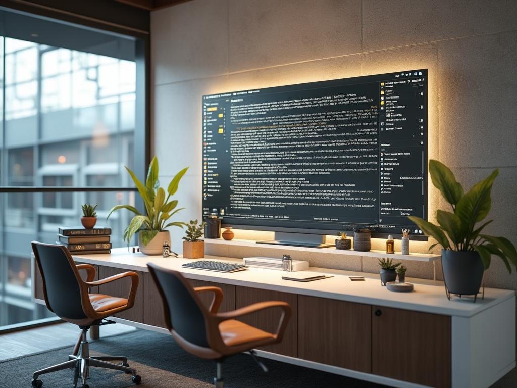 Modern home office setup with large monitor, dual wooden chairs, white desk, and indoor plants overlooking cityscape.