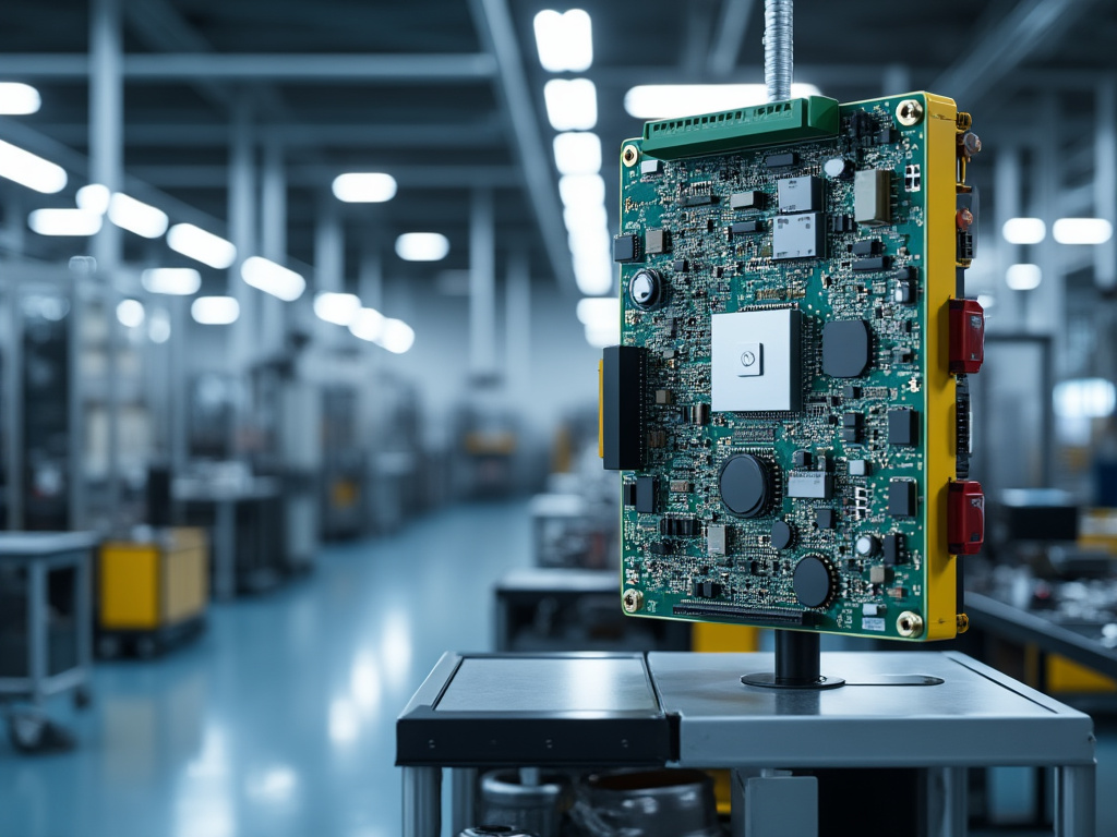 Close-up of a circuit board on a stand in a high-tech factory setting with blurred industrial background.

