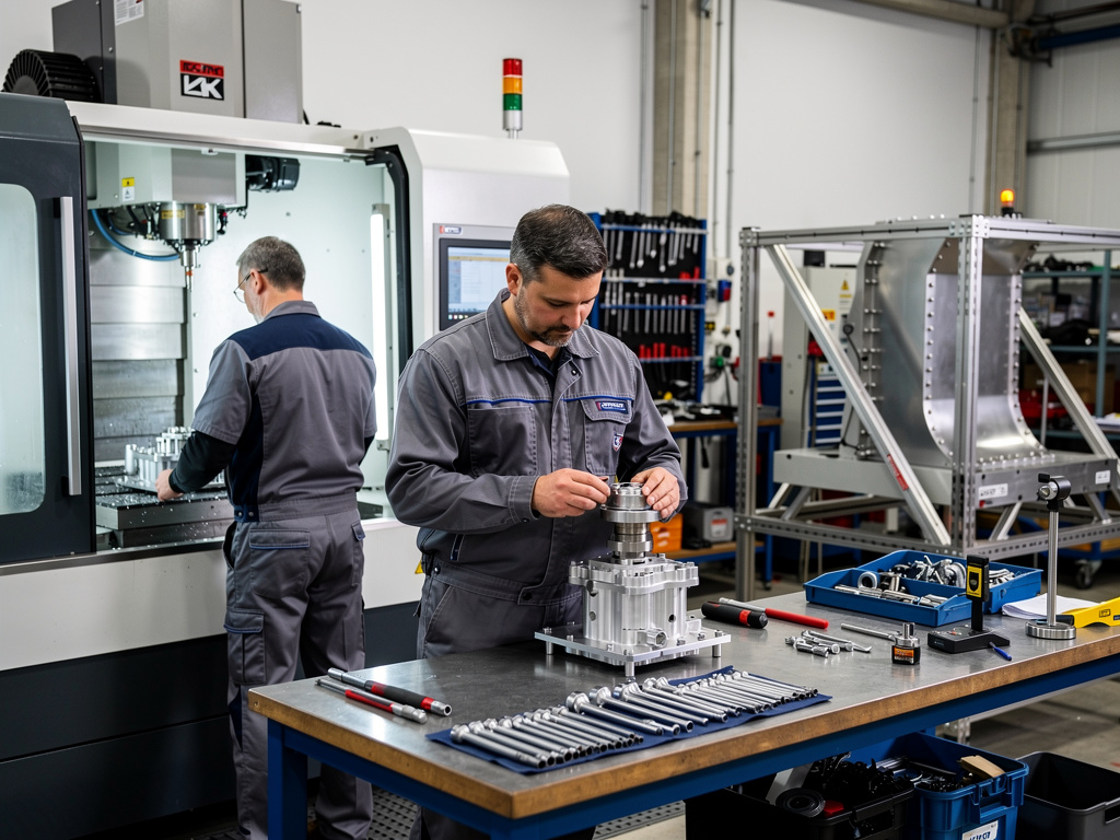 Skilled technicians assembling precision metal components in a CNC machining workshop