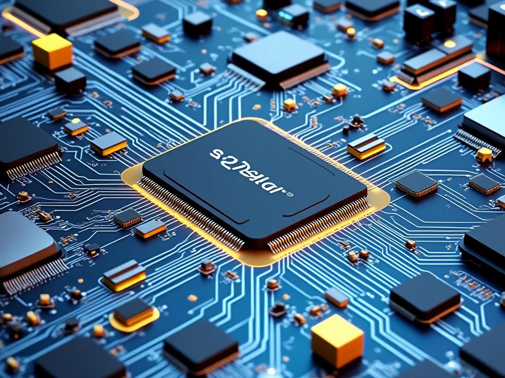 Close-up of a blue circuit board featuring a central microchip and various electronic components.