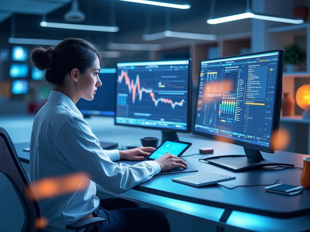 Woman working at a desk with multiple computer screens displaying financial data and graphs in a modern office setting.