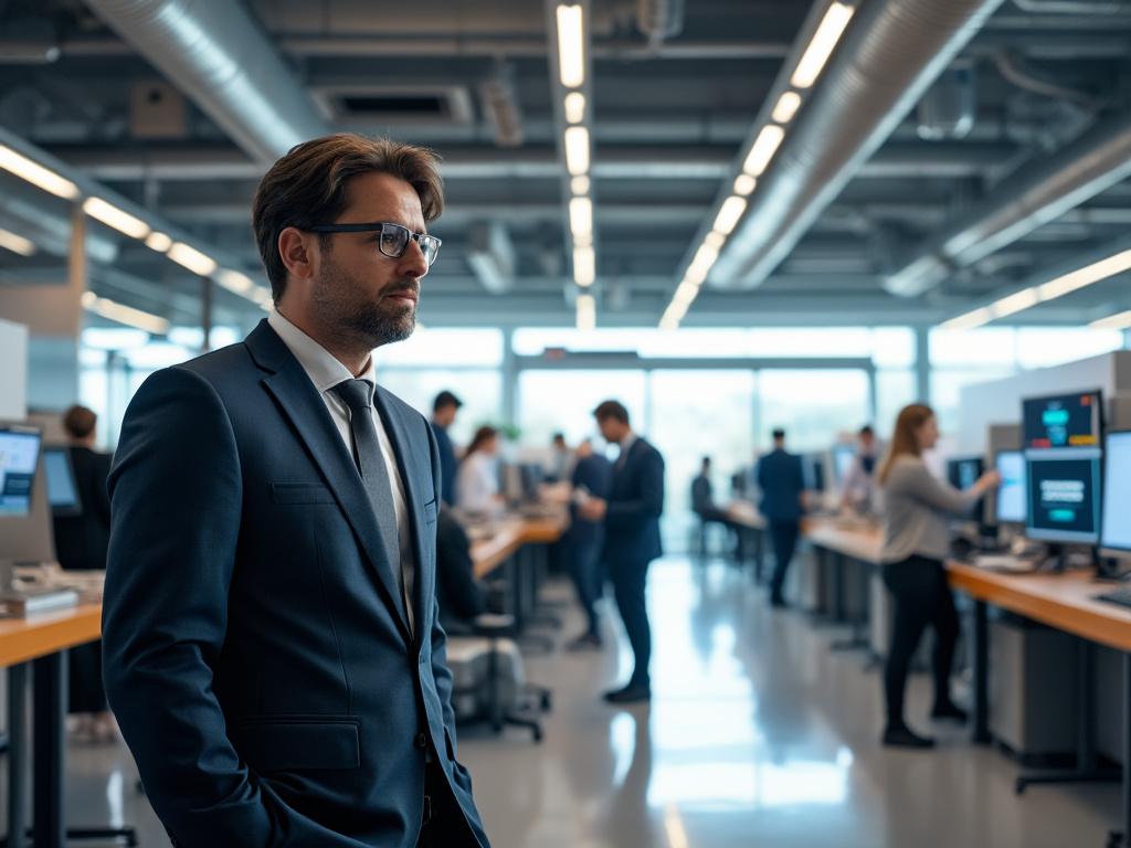 Business professional in a modern open-plan office with colleagues working at desks and computers in the background.