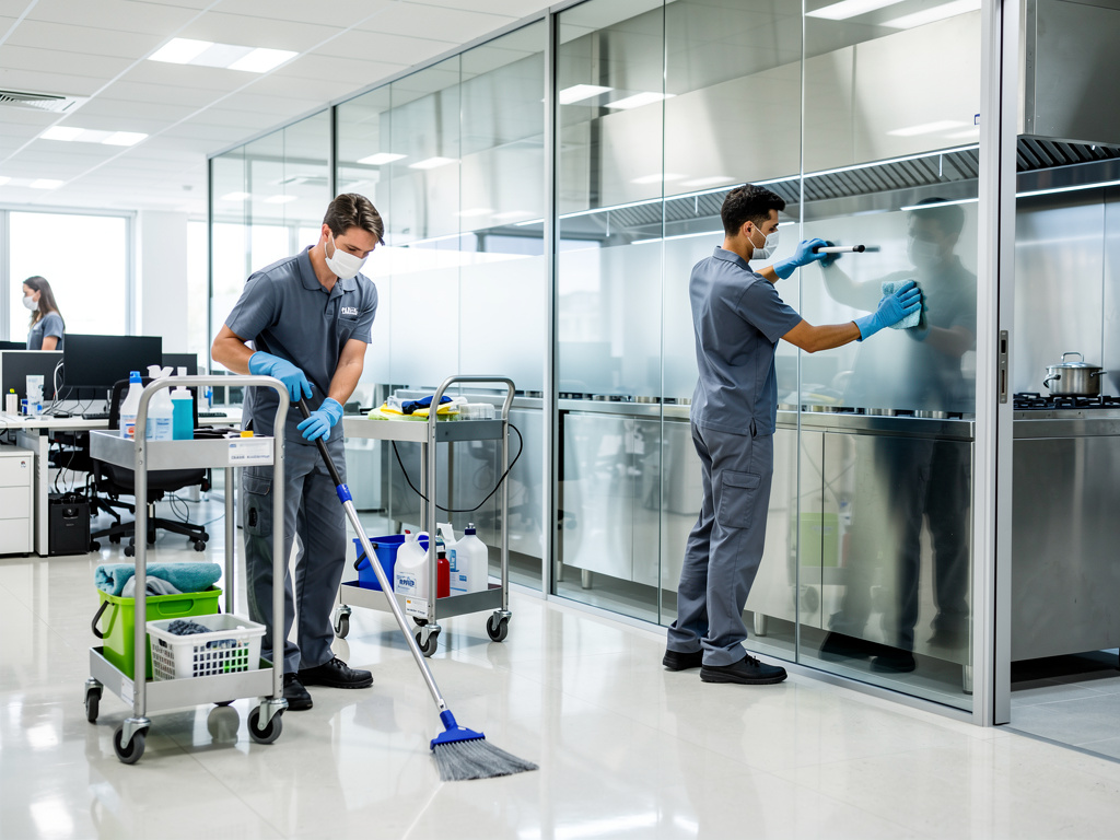 Professional cleaners wearing masks and gloves mopping office floors and disinfecting glass kitchen doors in a modern workplace
