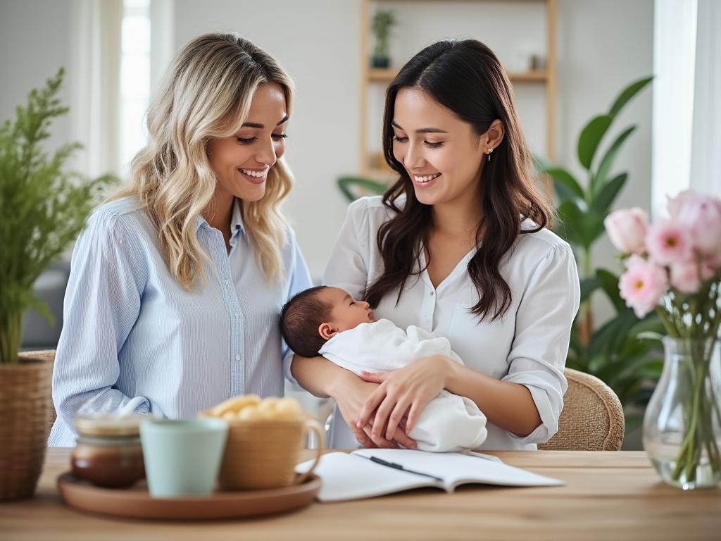 Two women smiling at a newborn baby in a cozy home setting with plants and flowers in the background.