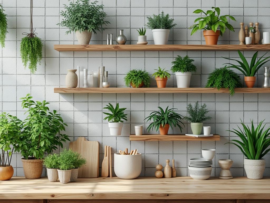 Holzregale mit zahlreichen Zimmerpflanzen und Keramiken vor einer gefliesten Wand in einem modernen, hellen Raum.