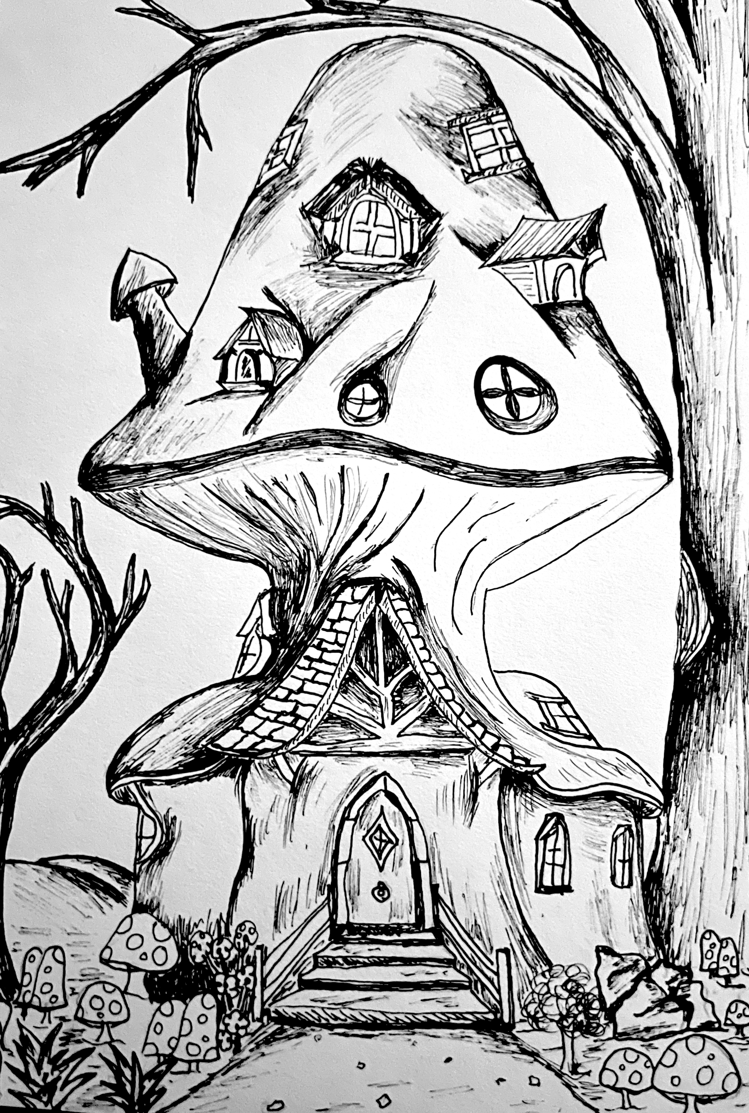 Modern living room with colorful abstract art, grey sofa, white round table, and large window letting in natural light.