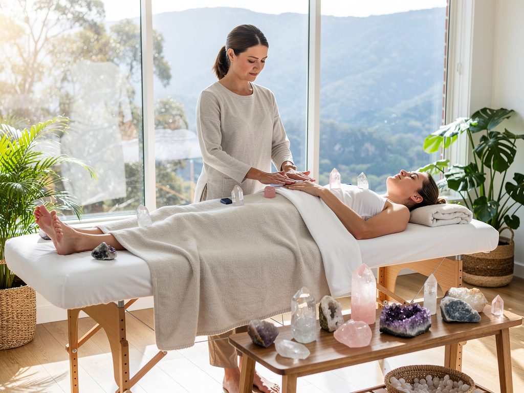 Crystal healing therapy session with practitioner treating woman on massage table in bright wellness spa