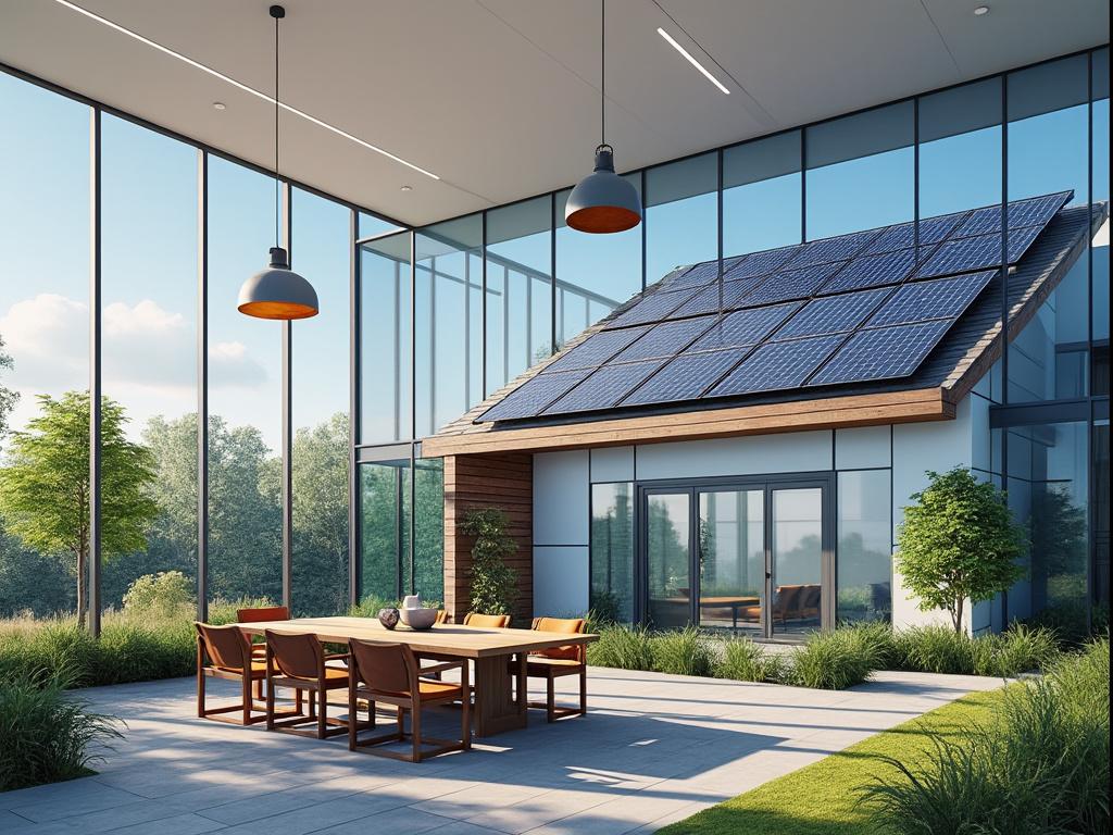 Terraza moderna con paneles solares en el techo y muebles de comedor al aire libre.