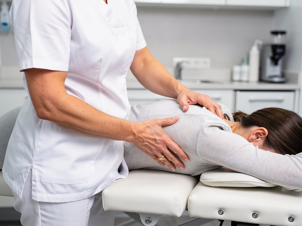 Senior doctor consulting male patient in orthopedic clinic with spine model and examination table Senior doctor consulting male patient in orthopedic clinic with spine model and examination table