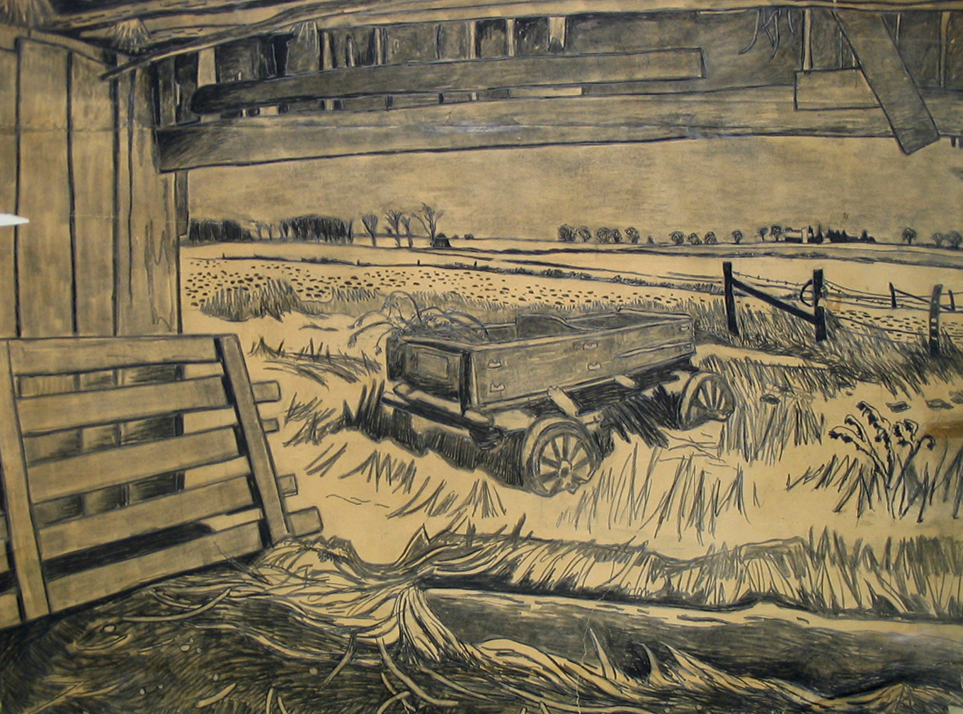 Hay Wagon from the side of the Barn, graphite on newsprint