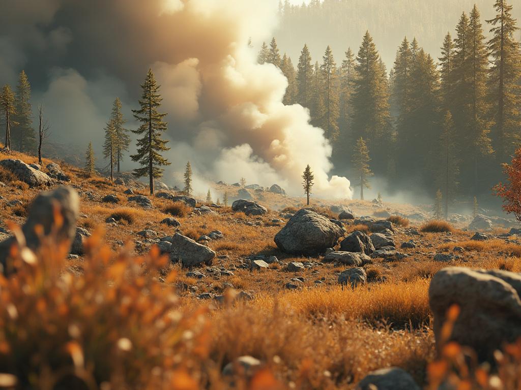 Forest landscape with orange foliage, scattered rocks, and smoke rising behind tall pine trees.
