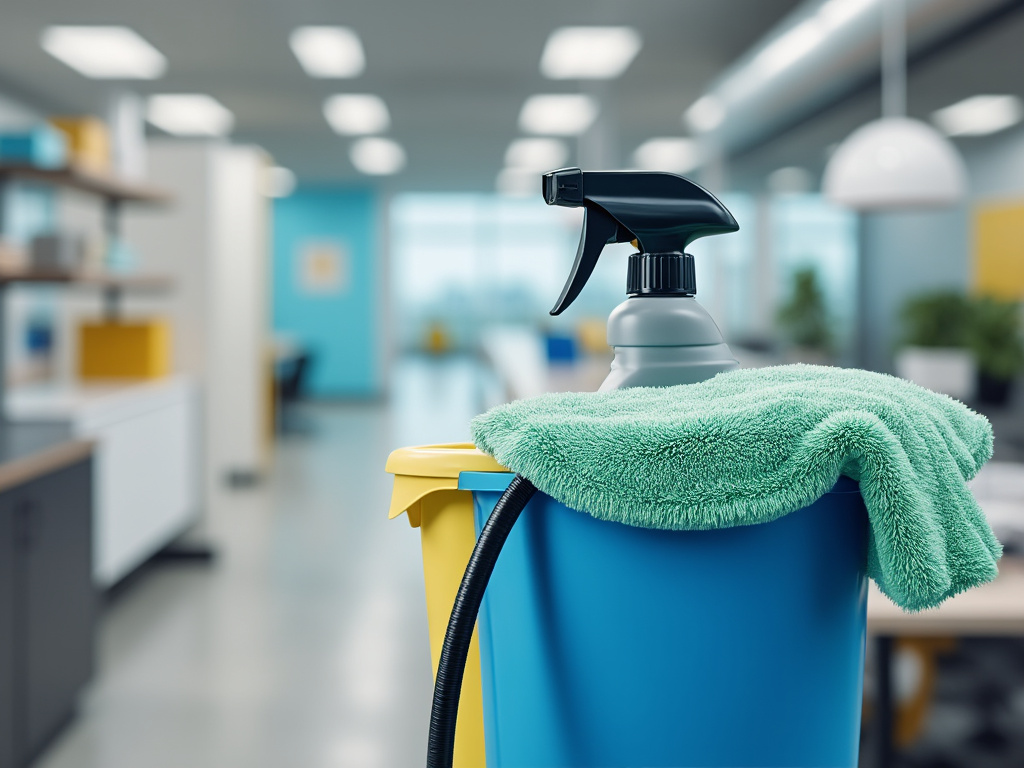 Close-up of cleaning supplies in modern office, with spray bottle and green cloth on a cleaning cart.