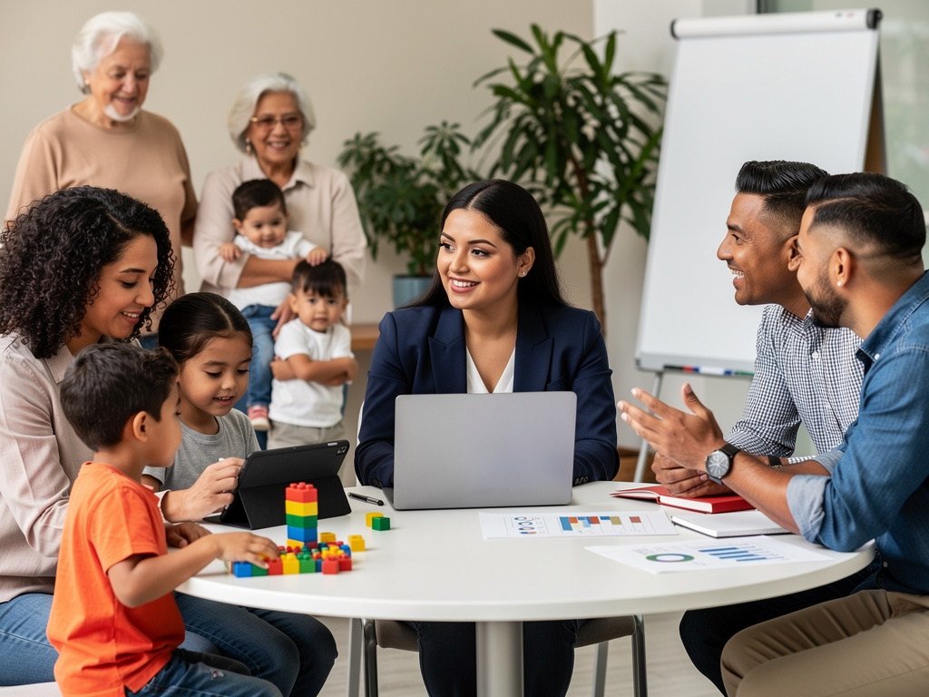 Multigenerational Hispanic family meeting with advisor, children playing with blocks and tablet in modern office