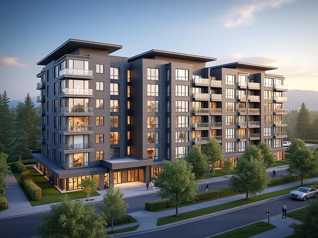 Modern apartment building with multiple floors, large windows, and balconies, surrounded by trees and a road in a suburban area during sunset.