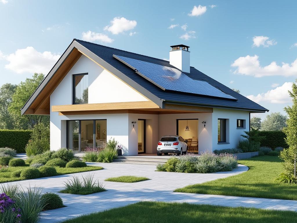 Modern single-story house with solar panels, landscaped garden, and parked car in driveway.