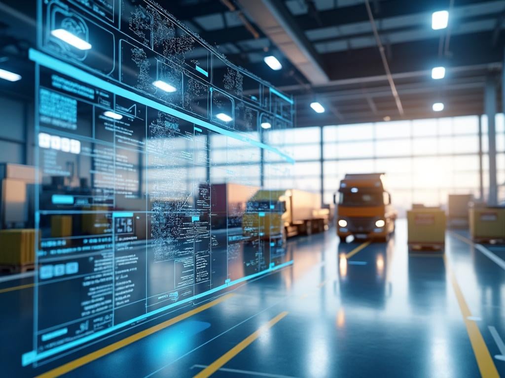 Futuristic warehouse with digital interface overlay, showing data analytics, pallets, boxes, and a truck in a high-tech logistics facility.
