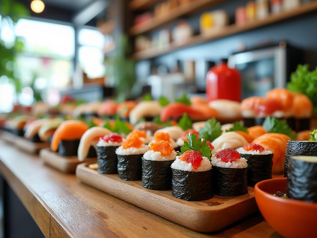 Assorted sushi rolls with various toppings on wooden trays in a modern restaurant.