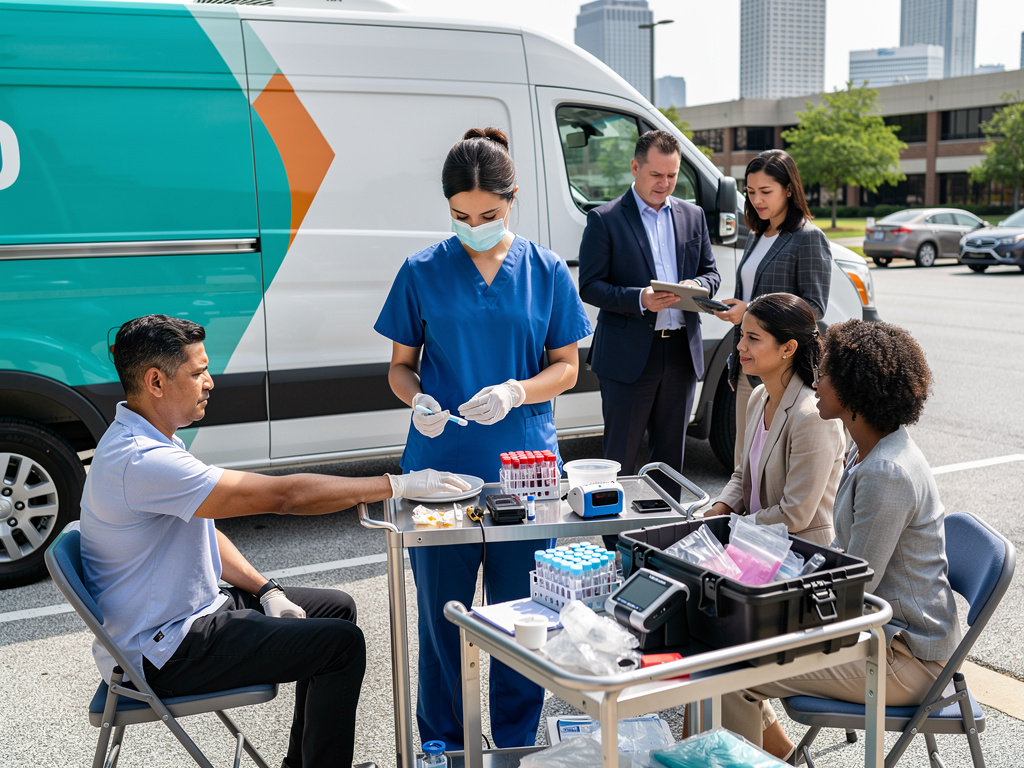 Mobile health clinic conducting outdoor blood testing with nurse, patients, medical supplies, and healthcare van in urban setting